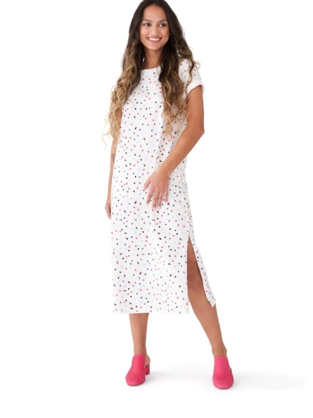 Ban.do White/Mulicolored Confetti Dot 100% Cotton Comfy T-shirt Dress NWT S XS